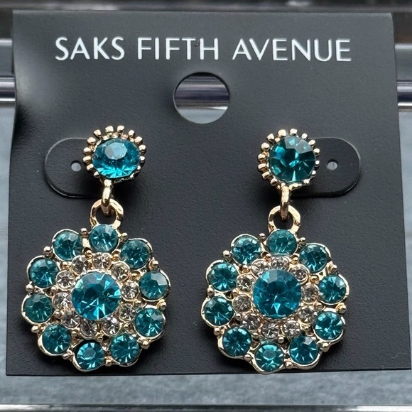 Saks Fifth Avenue Jewelry - Saks Fifth Avenue Aqua Blue Gemstone Statment Gold Toned Dangle Earrings NWT